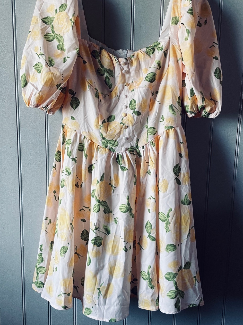 Yellow Rose Print Puff Sleeve Dress Floral